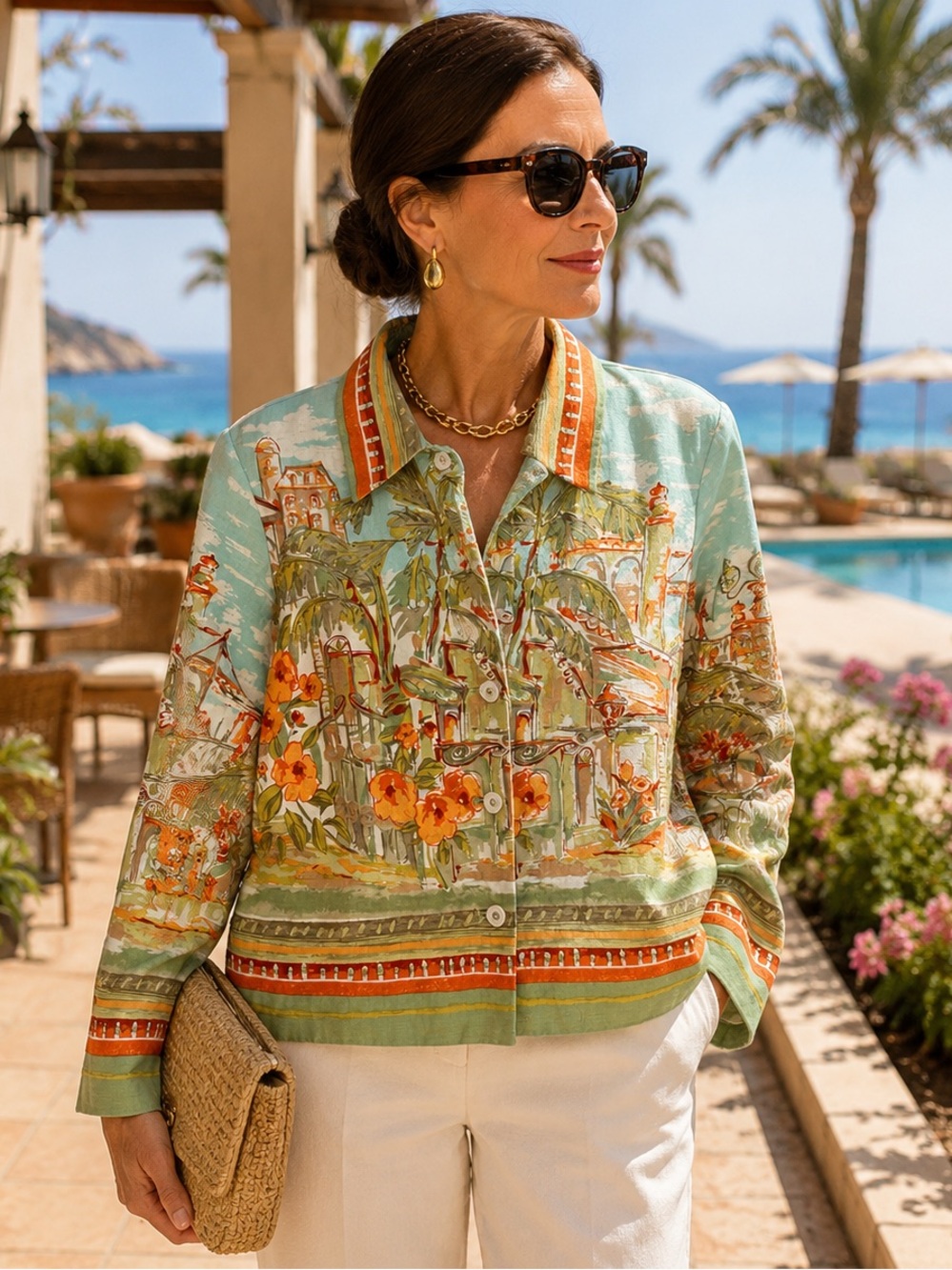Coldwater Creek LINEN BLEND Sz Small Italy France Scene Blouse Shirt Top Jacket